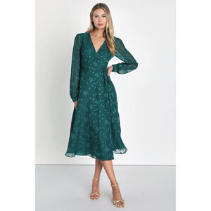 Lulus Evening Of Elegance Emerald Green Floral Jacquard Wrap Dress - Size XS